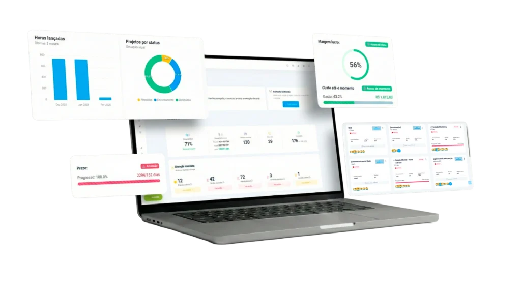 Dashboard do TaskRush com gráficos de horas lançadas, projetos por status, margem de lucro e controle de prazos da operação